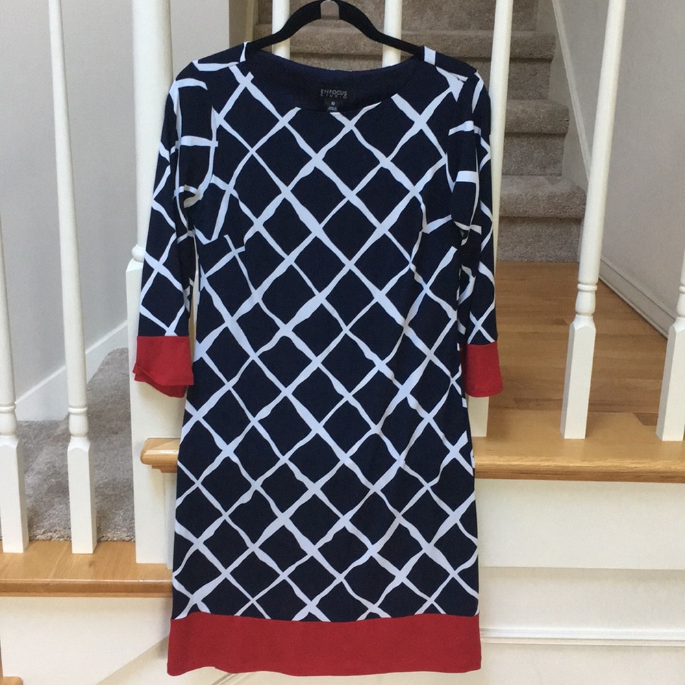 Navy and white patterned dress